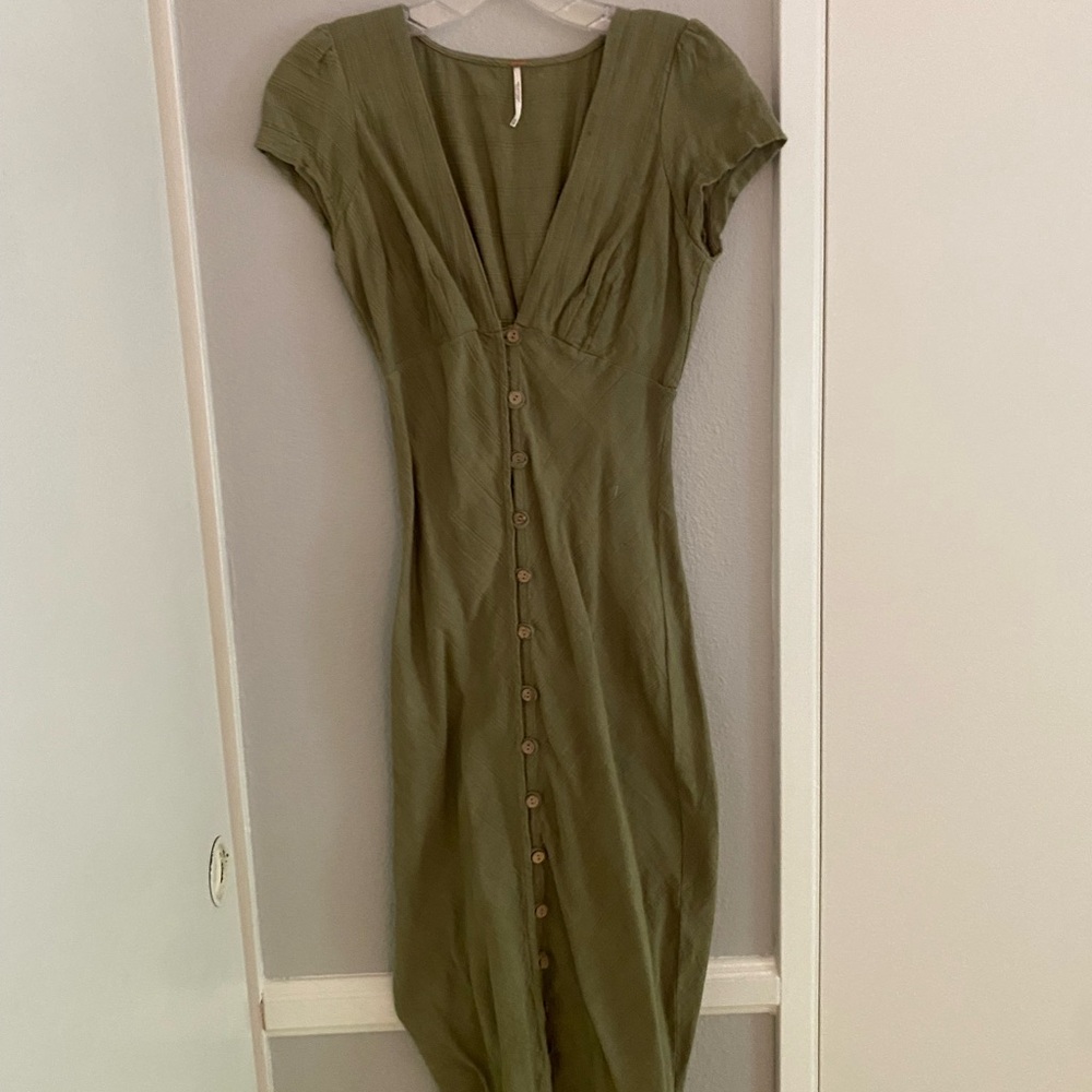 Free People Green Ruched Puff Sleeve Midi Dress